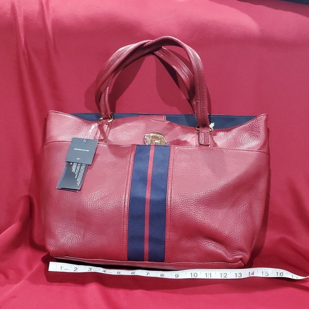Tommy Hilfiger NWT dark red and blue pebble leather tote bag